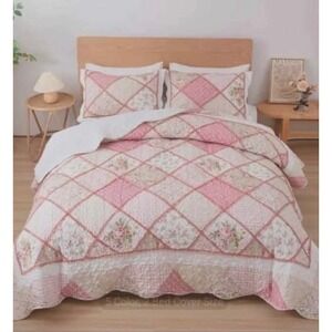 Pink Floral Patchwork Quilt King Size Cottagecore Shabby Chic Ruffle Trim 106x96